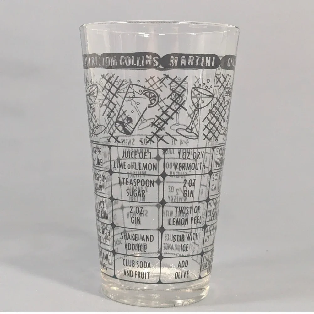 Vintage Cocktail Shaker Glass Black Recipe Print Mid Century Barware 12oz